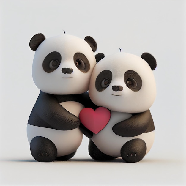 Casal de urso panda fofo apaixonado por corações 3d render ilustração dos desenhos animados