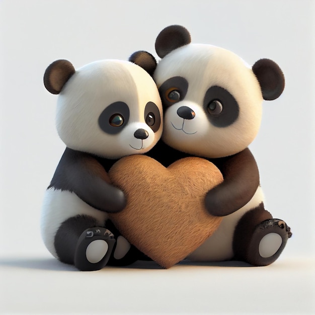 Casal de urso panda fofo apaixonado por corações 3d render ilustração dos desenhos animados