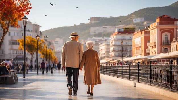 Casal de velhos amores eternos andando de mãos dadas em um ambiente romântico