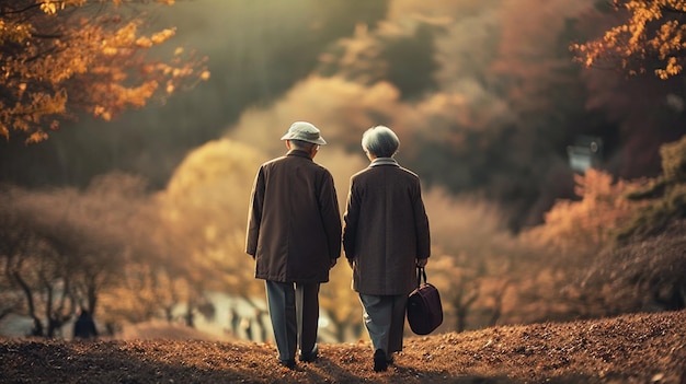 Casal de velhos caminhando no parque Generative AI