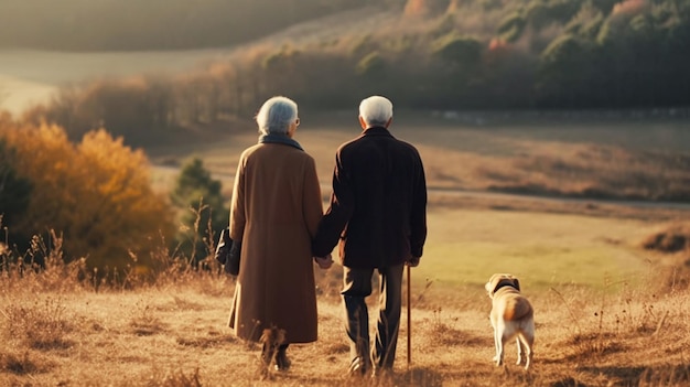 Casal de velhos caminhando no parque Generative AI