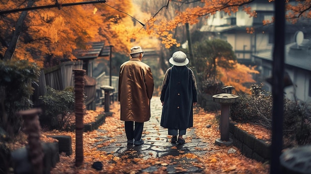 Casal de velhos caminhando no parque Generative AI