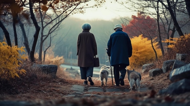 Casal de velhos caminhando no parque Generative AI