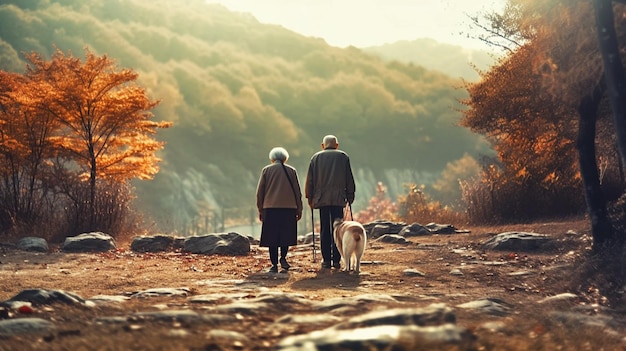 Casal de velhos caminhando no parque Generative AI