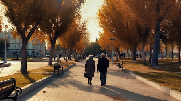 Casal de velhos caminhando no parque Generative AI