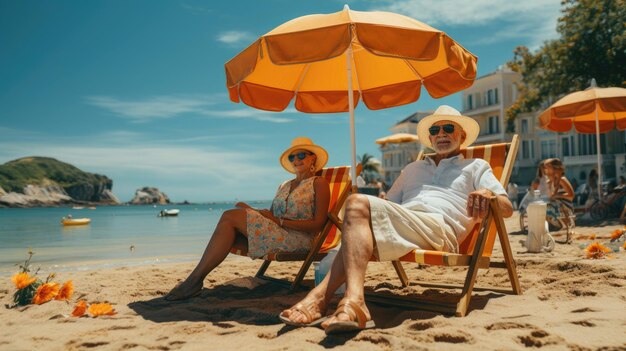 casal de viajantes aposentados descansando juntos no sol l Generative Ai