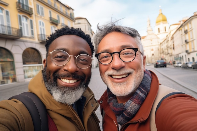 Casal de viajantes gays inter-raciais tirando selfie em homens da cidade nas férias de outono na Europa