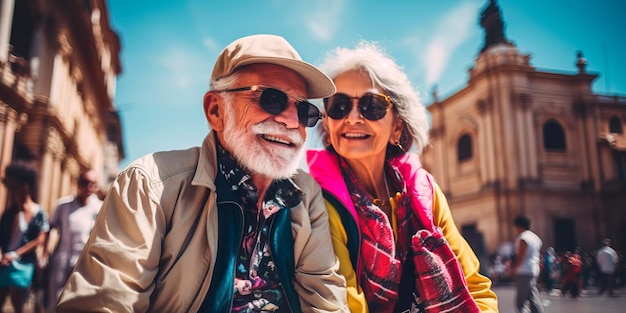 casal de viajantes idosos visitando pontos turísticos e eventos culturais