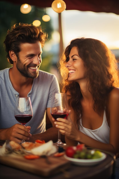 Foto casal desfrutando de um jantar romântico no terraço do restaurante