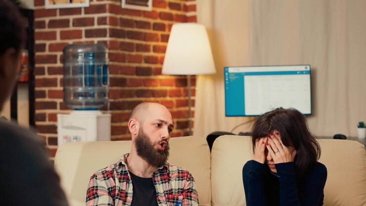 Foto casal discutindo no consultório do psicólogo, participando de sessão de terapia com especialista em aconselhamento para resolver conflitos ou problemas conjugais. lutando pelo divórcio na psicoterapia.