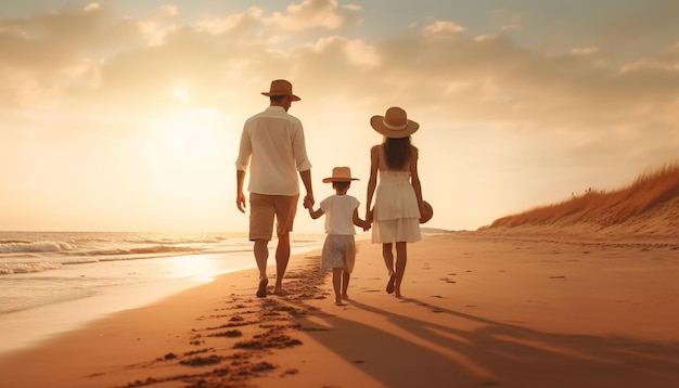 Casal e criança caminhando na praia