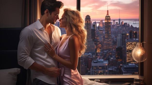 Casal em apartamentos com vista para Manhattan