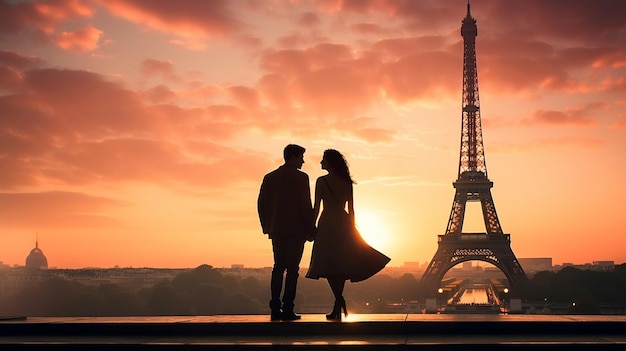 Casal em pé na frente da Torre Eiffel na França Ai