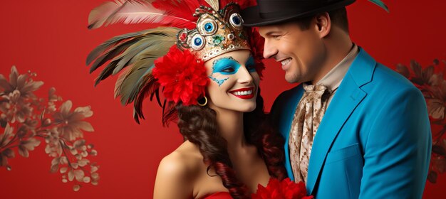 Casal em trajes de carnaval veneziano posando em fundo de estúdio colorido com espaço de cópia