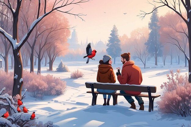 Casal em um encontro no parque de inverno Paisagem com natureza e plantas arbustos ramos com bullfinch