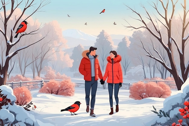 Foto casal em um encontro no parque de inverno paisagem com natureza e plantas arbustos ramos com bullfinch