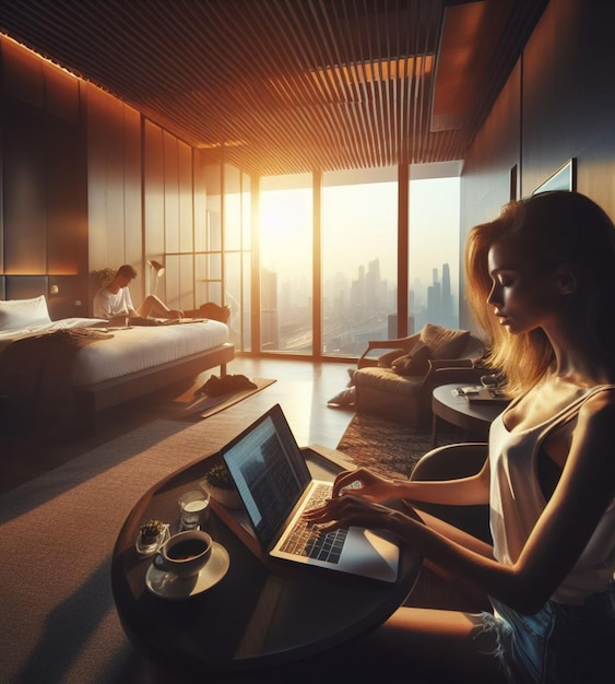 casal em um quarto de resort de hotel caro trabalhando remotamente e acordando tomando café da manhã ao nascer do sol