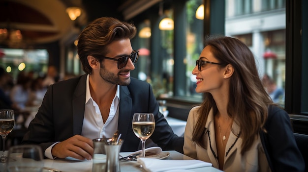 casal em um restaurante, olhando um para o outro e sorrindo, eles estão se olhando.