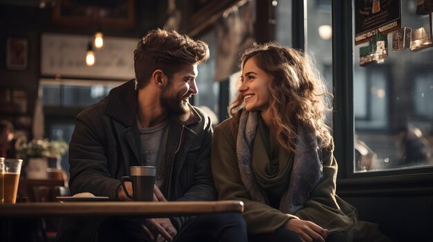 Foto casal em uma cafeteria homem e mulher se encontram em um café generative ai