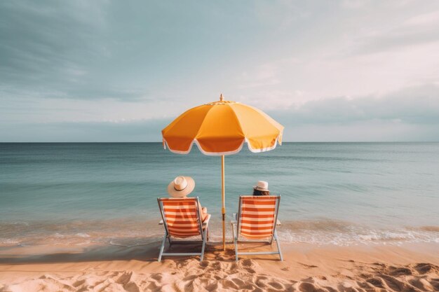 Casal em uma praia tropical relaxa ao sol em espreguiçadeiras sob um guarda-chuva Generative AI