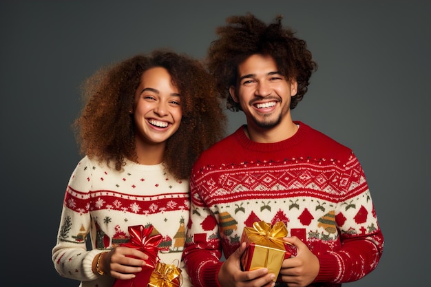 Casal estiloso em suéteres de Natal segurando presentes nas mãos em um fundo cinza