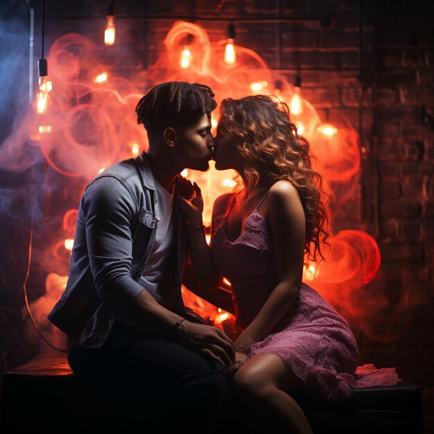 Foto casal fazendo beijo de valentino e narguilé no fundo à luz de néon