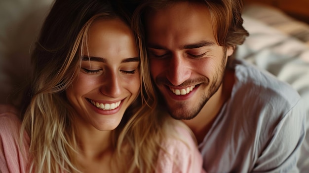 casal feliz abraço vínculo e passar manhã relaxar juntos no quarto