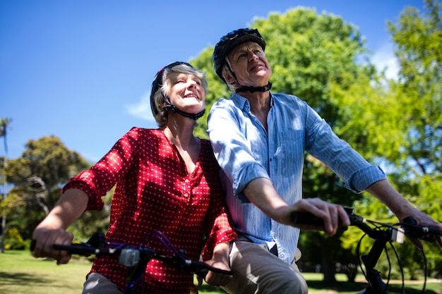 Casal feliz andando de bicicleta no parque