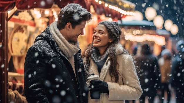 Casal feliz andando na rua decorada e iluminada na véspera de ano novo