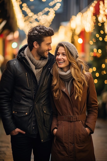 Casal feliz andando no mercado de Natal IA generativa