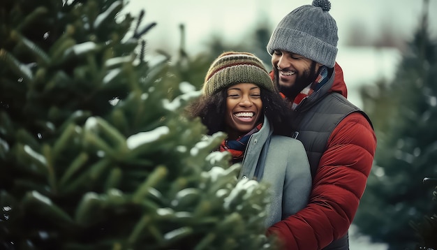 casal feliz apaixonado escolhendo árvore de natal ao ar livre mercado de inverno
