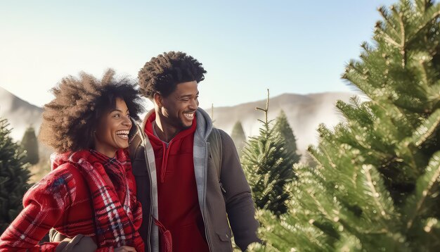 casal feliz apaixonado escolhendo árvore de natal ao ar livre mercado de inverno