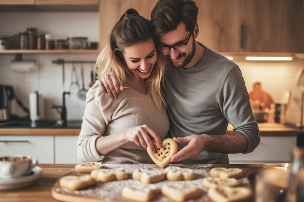 casal feliz assando biscoitos em forma de coração na cozinha