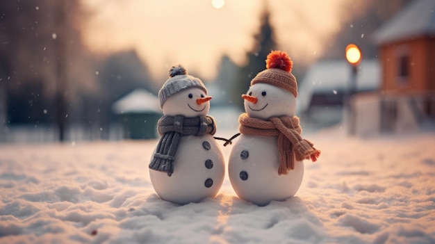 Casal feliz boneco de neve em pé na paisagem de Natal de inverno