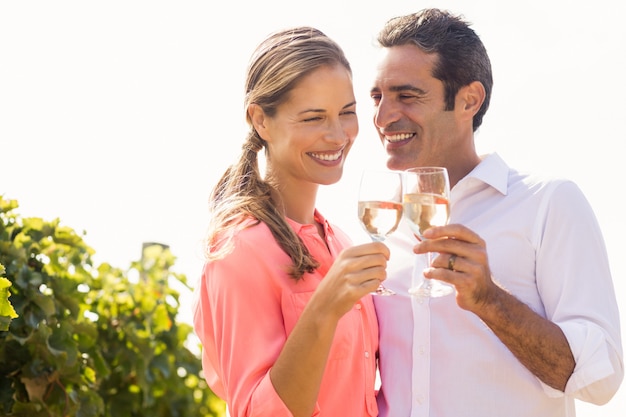 Casal feliz brindando com taças de vinho