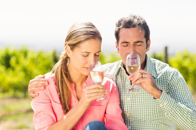 Casal feliz, cheirando copos de vinho