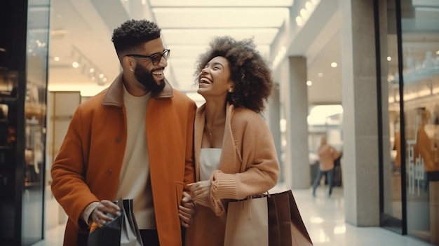 Casal feliz com sacolas de compras, consumo de pessoas e conceito de estilo de vida