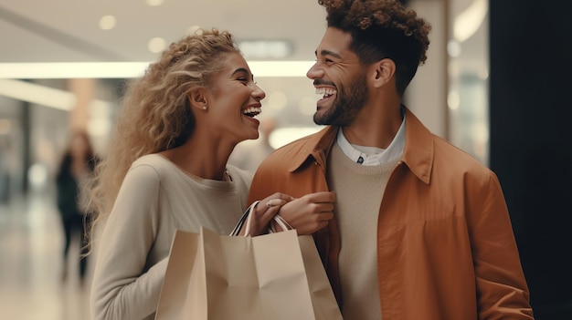 Foto casal feliz com sacolas de compras, consumo de pessoas e conceito de estilo de vida