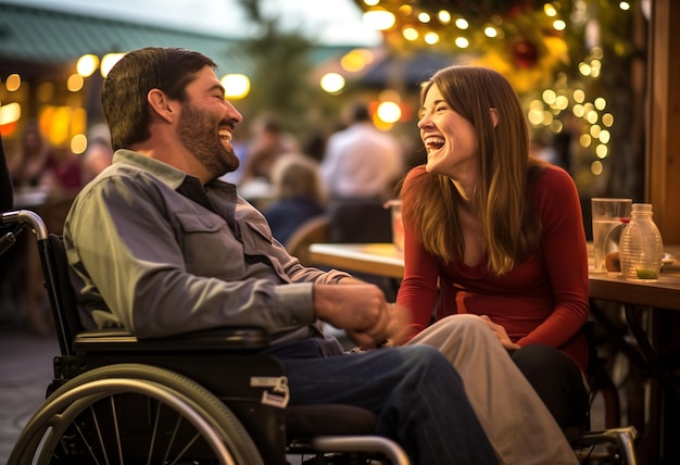 casal feliz com uma cadeira de rodas sorrindo ao ar livre deficiências breve para contribuir artistas e agências