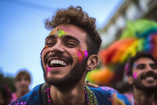 Casal feliz comemorando na Parada do Orgulho Gay LGBTQ no Dia e Mês do Orgulho Gay de São Paulo no Brasil