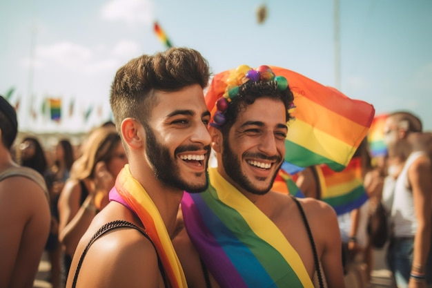 Casal feliz comemorando na praia no desfile do orgulho lgbtq em tel aviv mês do orgulho de israel