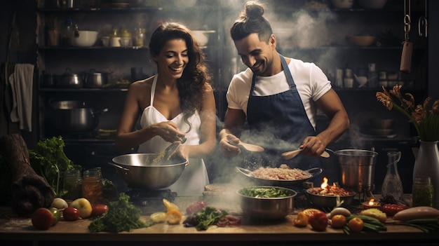 casal feliz cozinhando e preparando comida na cozinha