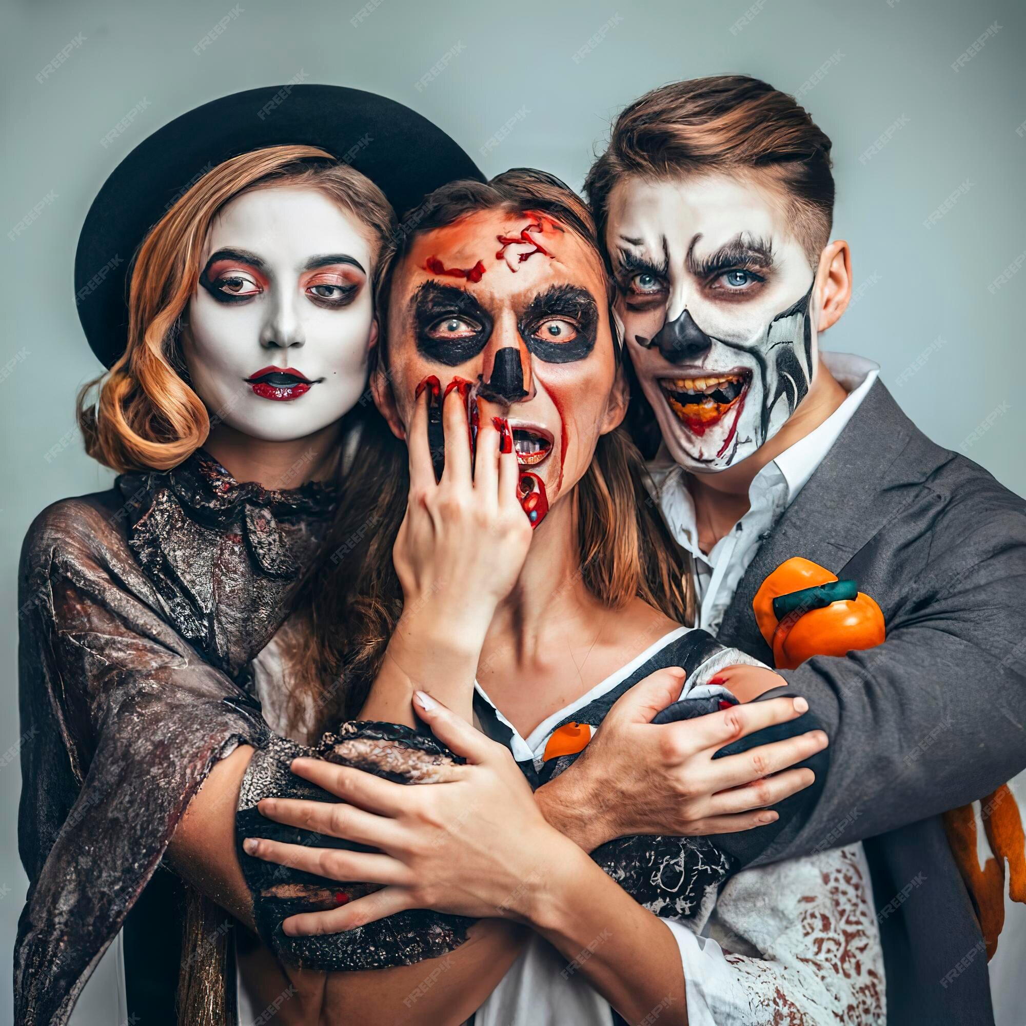 Casal feliz da família halloween em fantasia de halloween e tema sangrento  de maquiagem que o maníaco maluco enfrenta