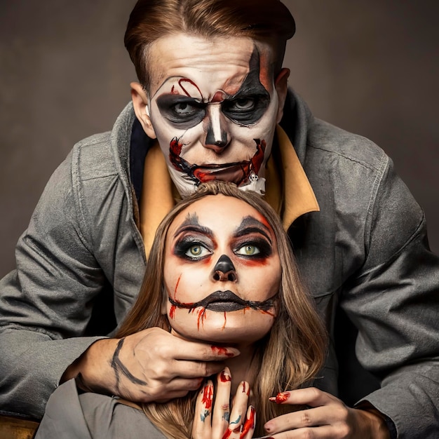 Casal feliz da família halloween em fantasia de halloween e tema sangrento  de maquiagem que o maníaco maluco enfrenta