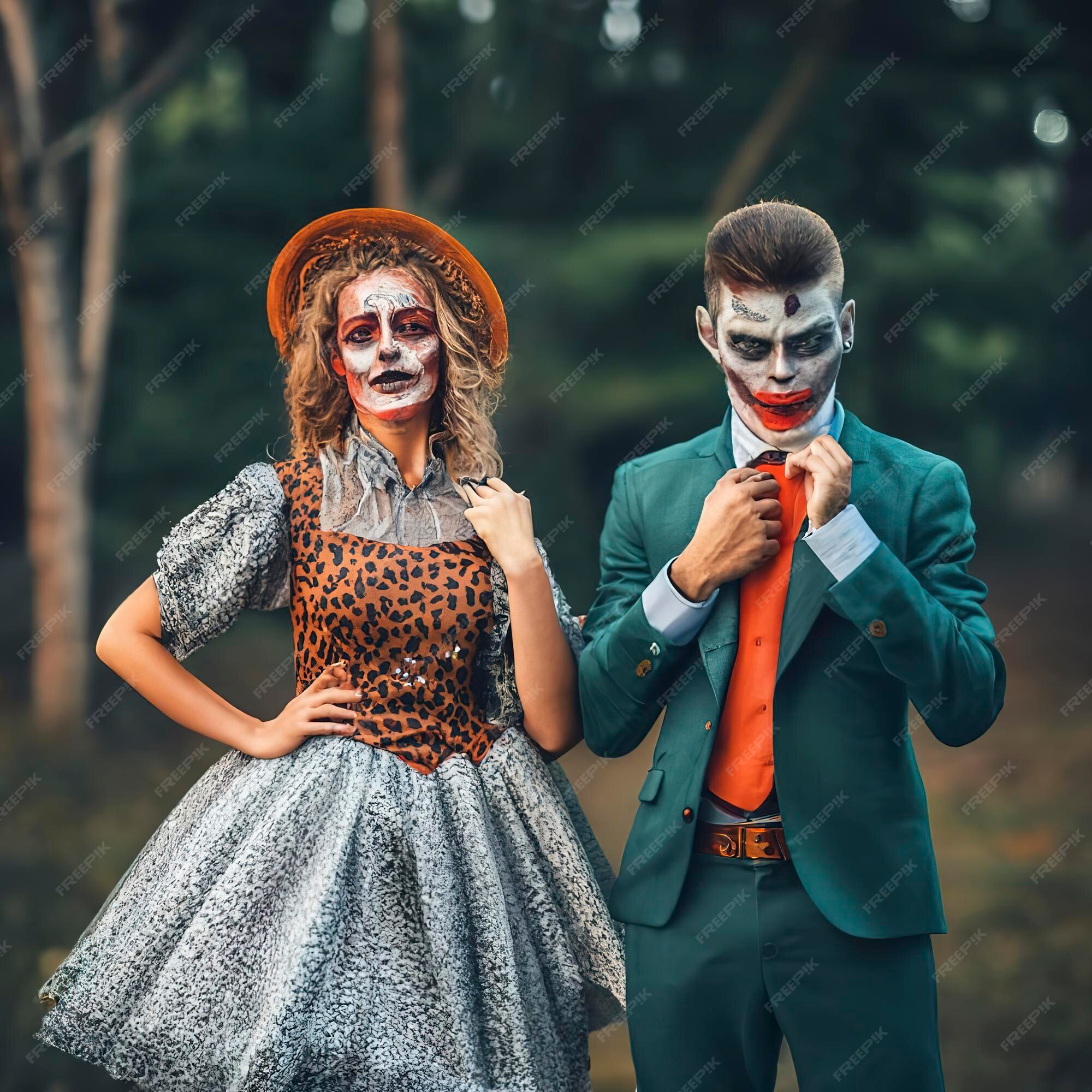 Casal feliz da família halloween em fantasia de halloween e tema sangrento  de maquiagem que o maníaco maluco enfrenta