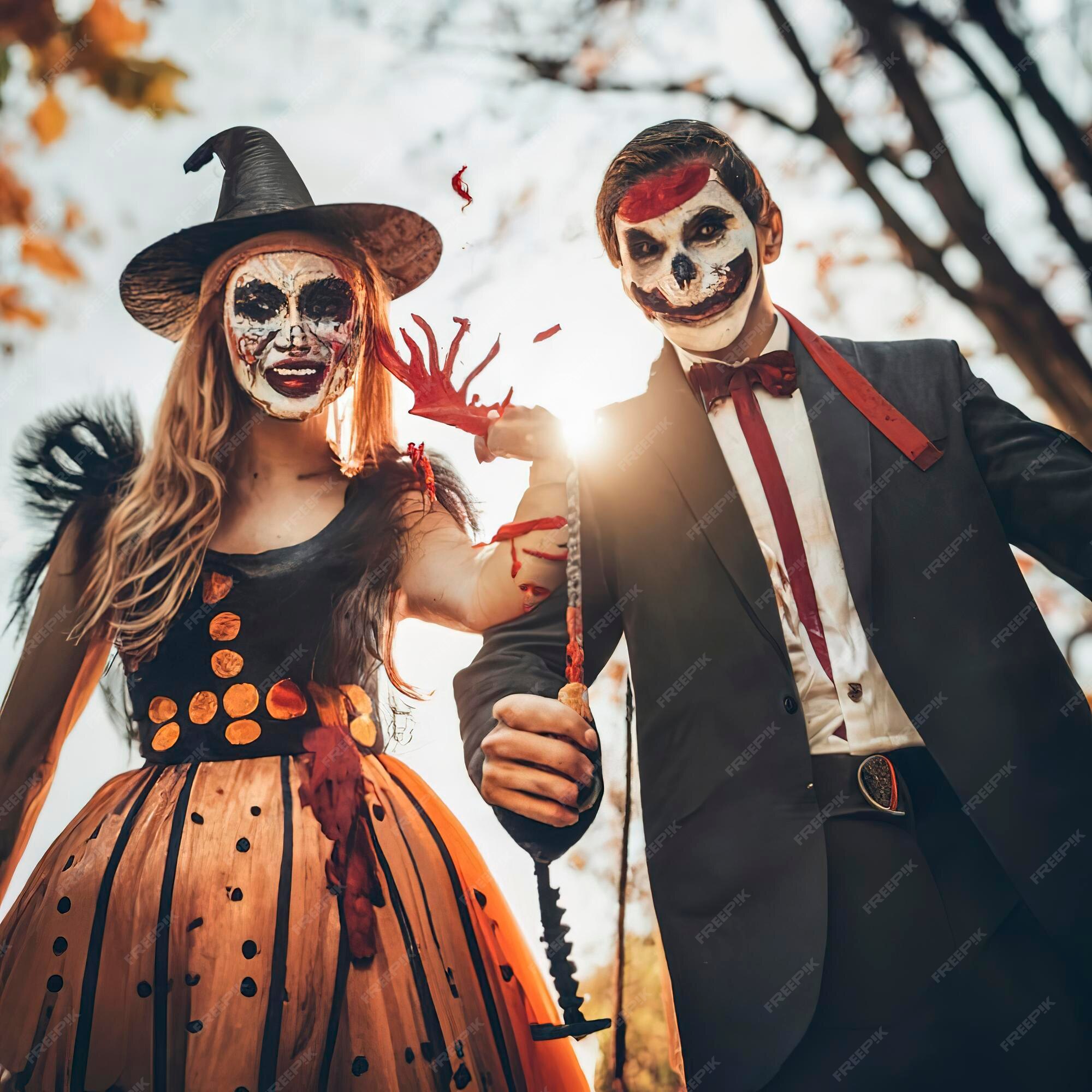 Casal feliz da família halloween em fantasia de halloween e tema sangrento  de maquiagem que o maníaco maluco enfrenta