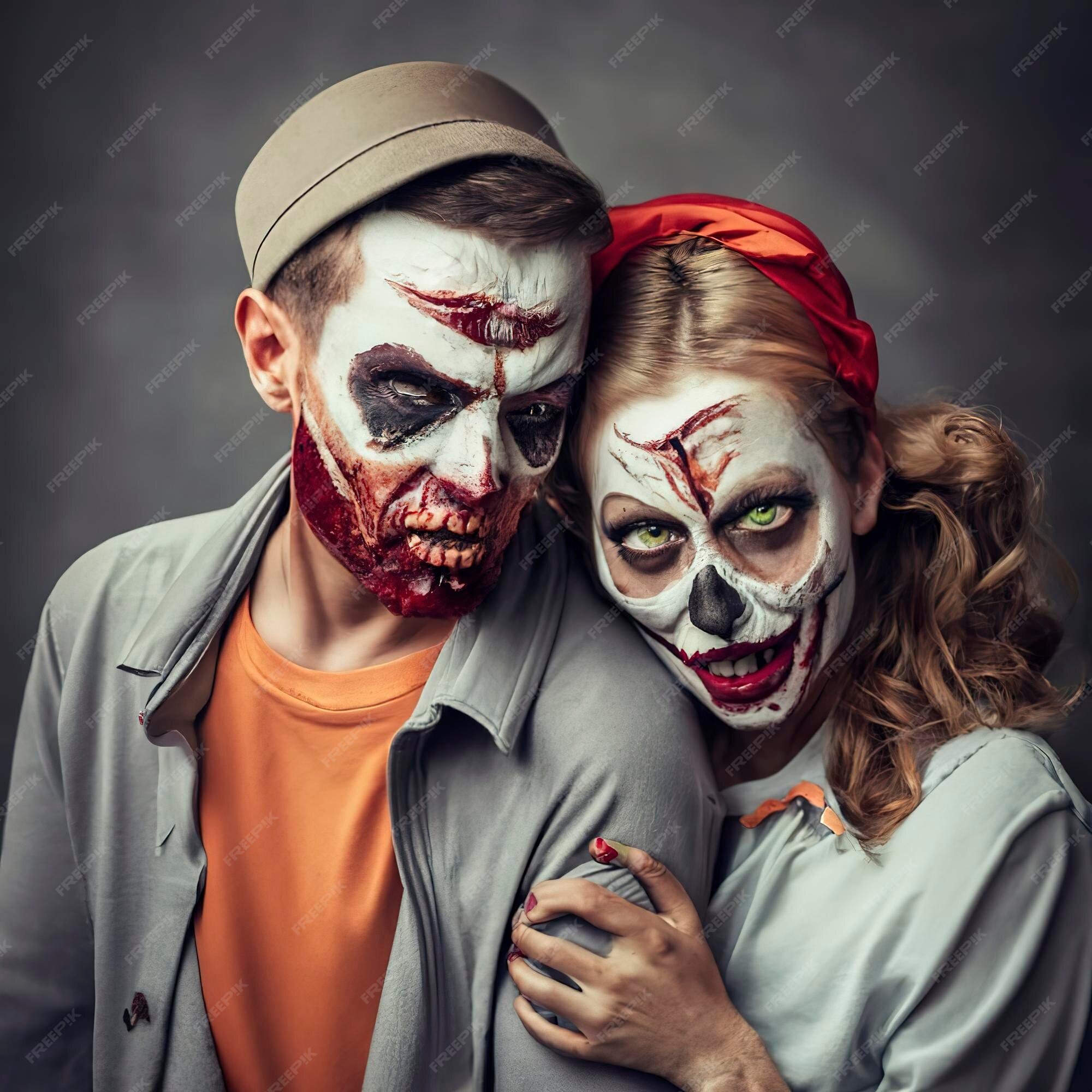 Casal feliz da família halloween em fantasia de halloween e tema sangrento  de maquiagem que o maníaco maluco enfrenta