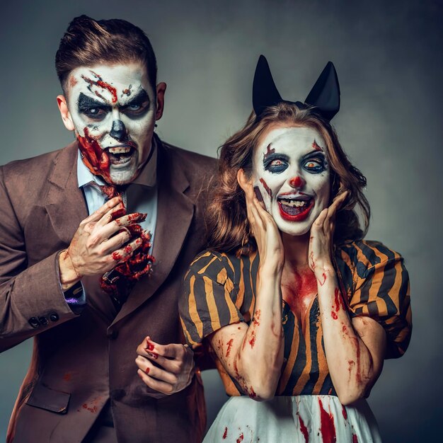 Casal feliz da família halloween em fantasia de halloween e tema sangrento  de maquiagem que o maníaco maluco enfrenta