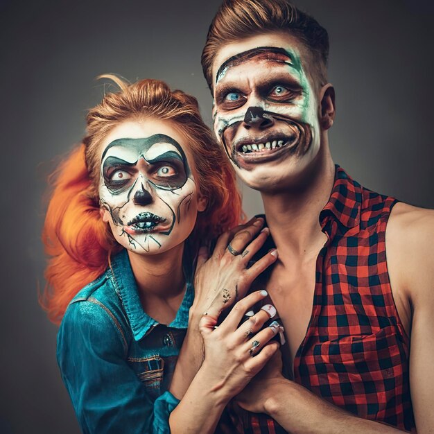 Casal feliz da família halloween em fantasia de halloween e tema sangrento  de maquiagem que o maníaco maluco enfrenta