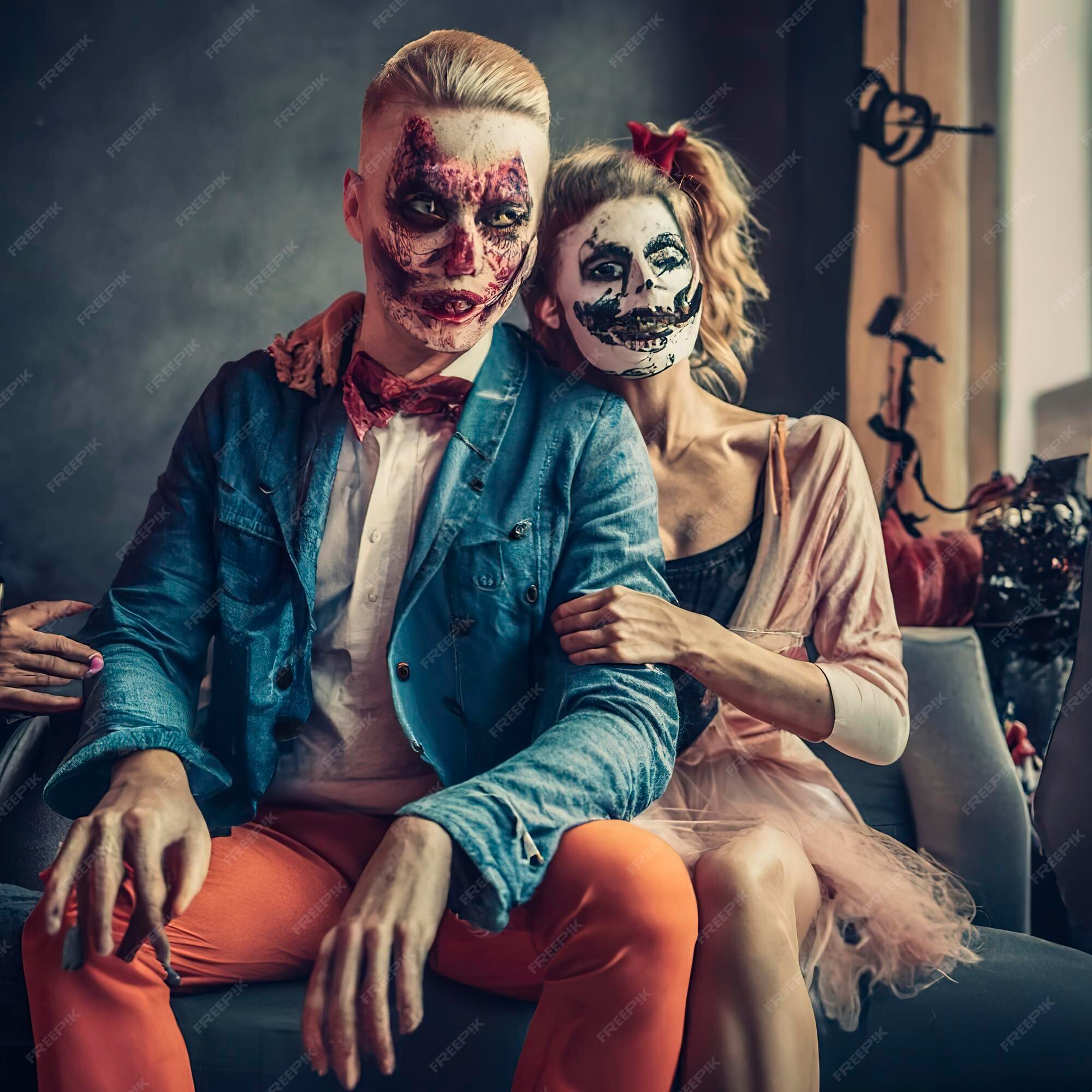 Casal feliz da família halloween em fantasia de halloween e tema sangrento  de maquiagem que o maníaco maluco enfrenta